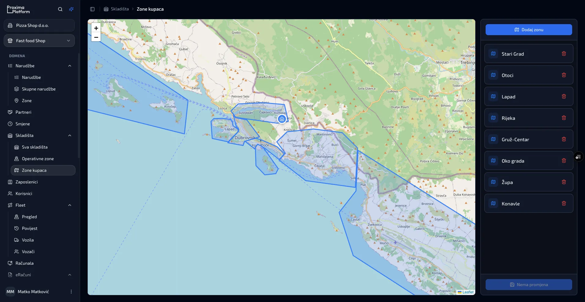 Web aplikacija, Zone kupaca: karta dubrovačkog područja s ucrtanim zonama dostave i popisom zona Stari Grad, Otoci, Lapad, Gruž-Centar, Župa i Konavle